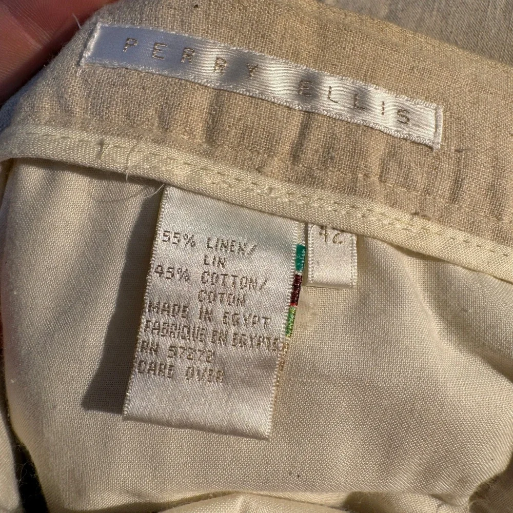 Perry Ellis Men's Pleated Linen Cotton Blend Trousers Beige Cuffed Pants Size 42